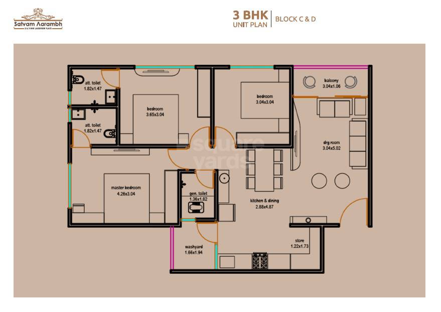 Floor plan of 3 BHK 835 Sq. Ft. Apartment in Satvam Aarambh, Ahmedabad