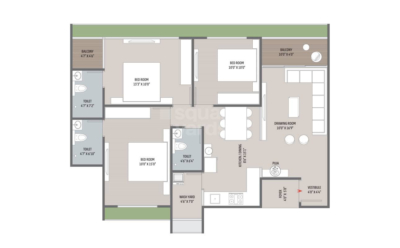 Floor plan of 3 BHK 931 Sq. Ft. Apartment in Satvam Viburnum, Ahmedabad