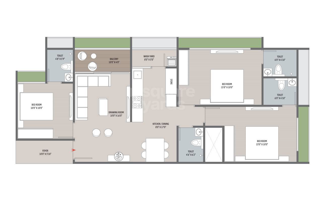Floor plan of 3 BHK 932 Sq. Ft. Apartment in Satvam Viburnum, Ahmedabad