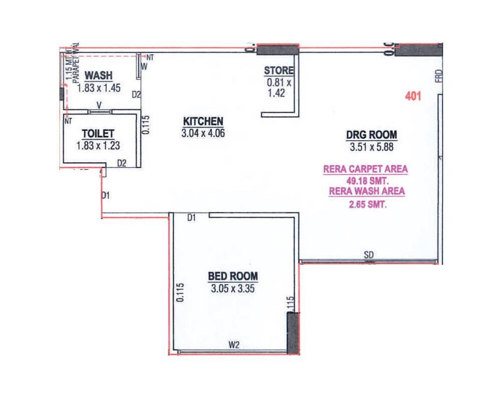 Floor plan of 1 BHK 539 Sq. Ft. Apartment in Satya Prime, Ahmedabad