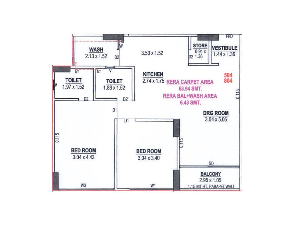 Floor plan of 2 BHK 688 Sq. Ft. Apartment in Satya Prime, Ahmedabad
