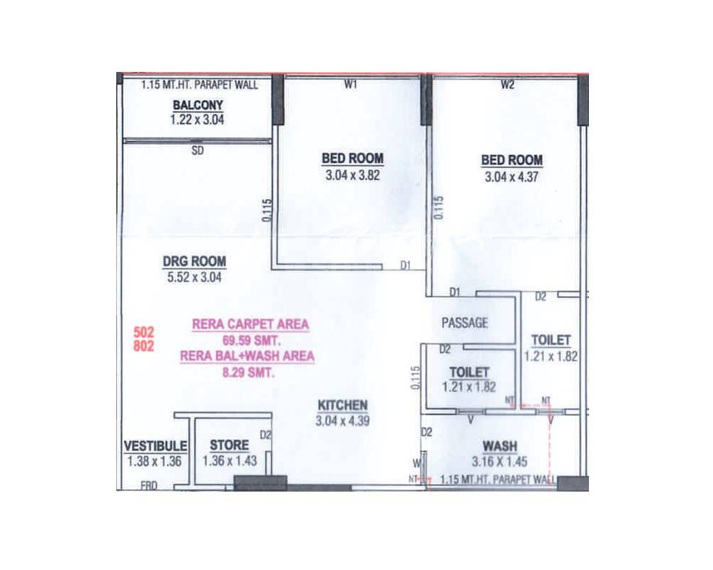 Floor plan of 2 BHK 749 Sq. Ft. Apartment in Satya Prime, Ahmedabad