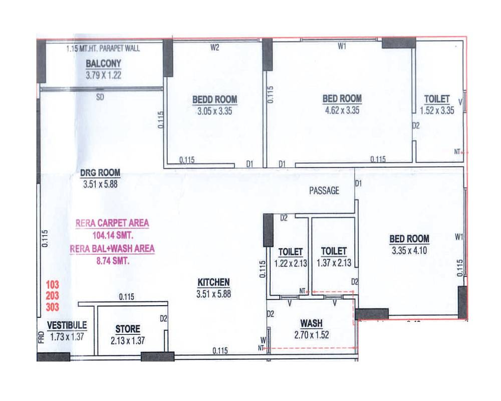 Floor plan of 3 BHK 1121 Sq. Ft. Apartment in Satya Prime, Ahmedabad