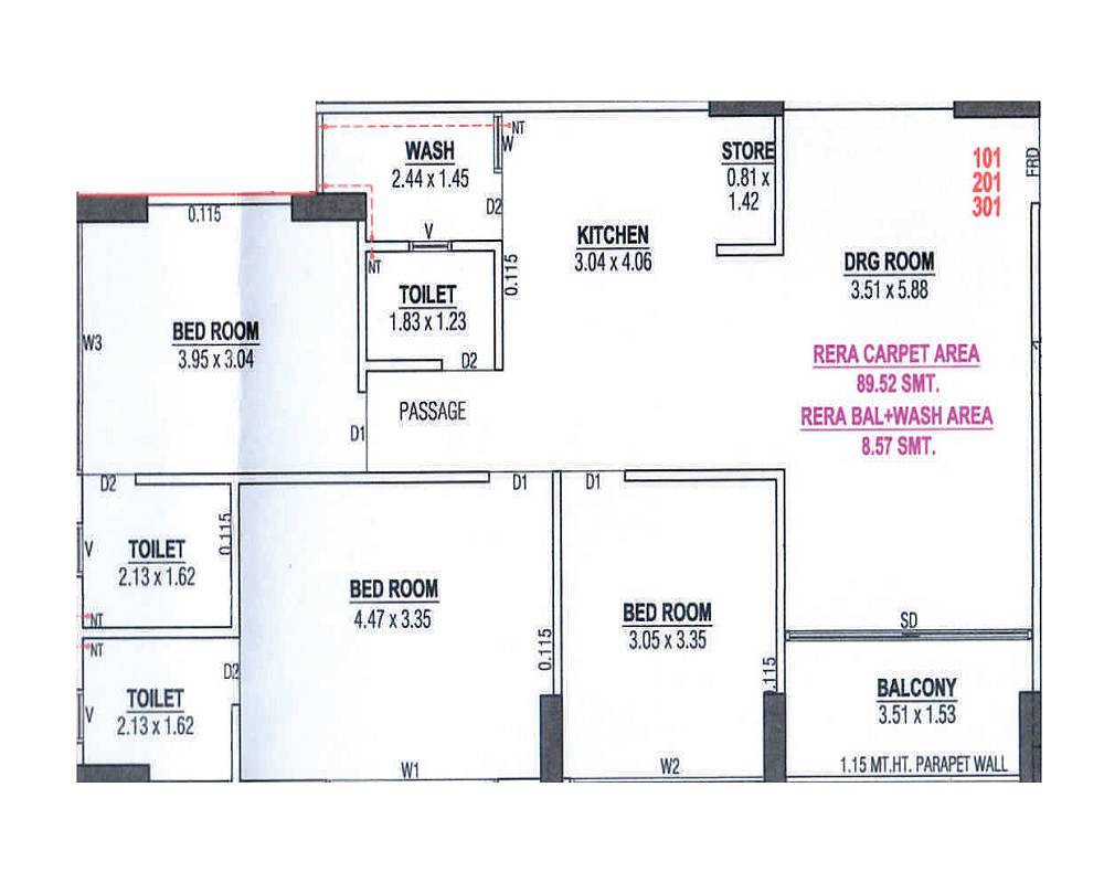 Floor plan of 3 BHK 964 Sq. Ft. Apartment in Satya Prime, Ahmedabad
