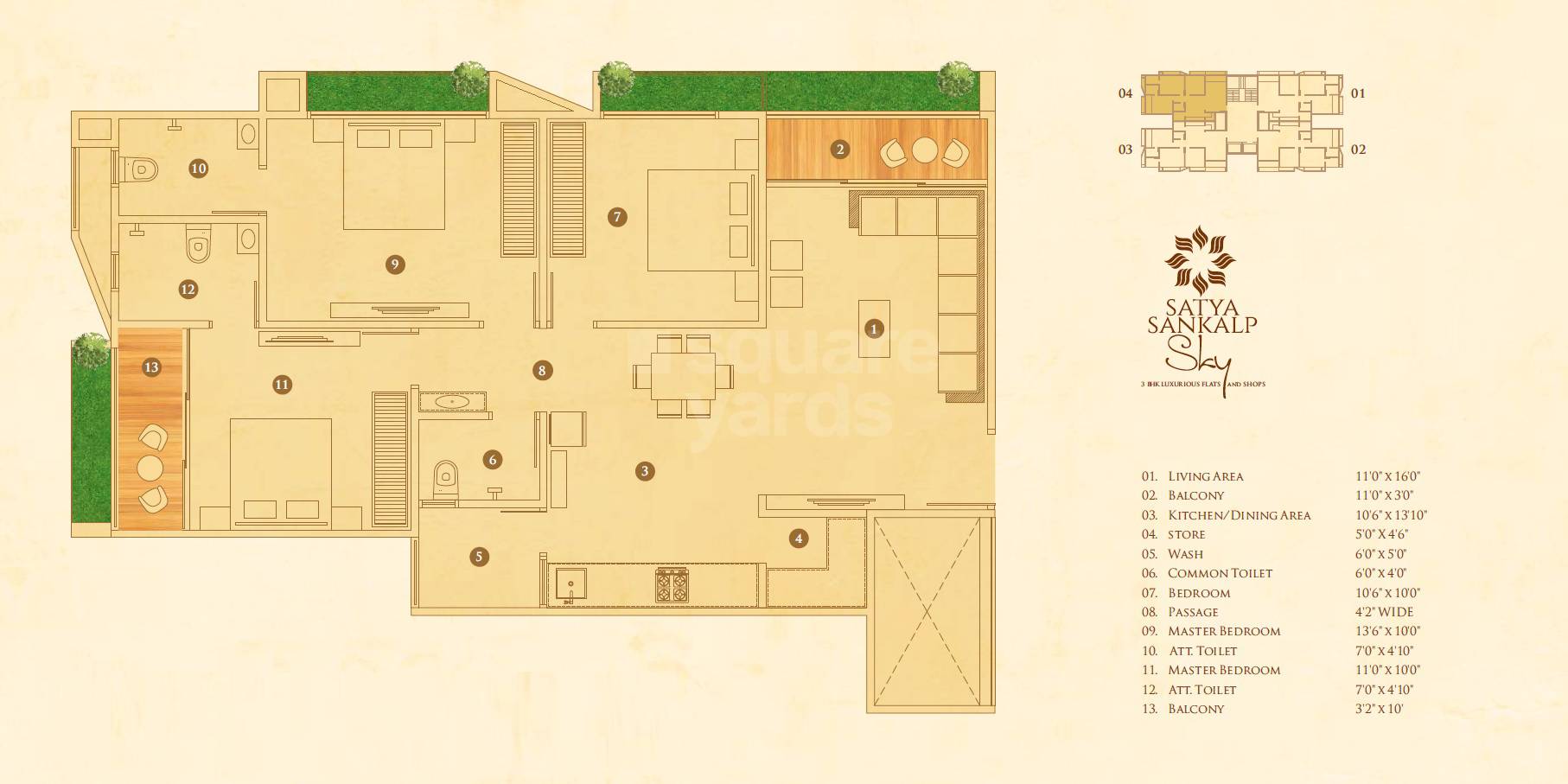 Floor plan of 3 BHK 1845 Sq. Ft. Apartment in Satya Sankalp Sky, Ahmedabad