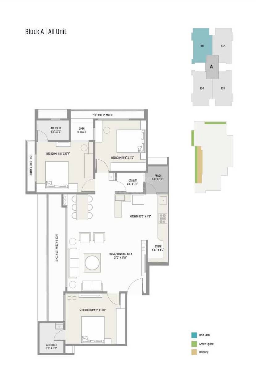 Floor plan of 3 BHK 2043 Sq. Ft. Apartment in Satya The Q, Ahmedabad