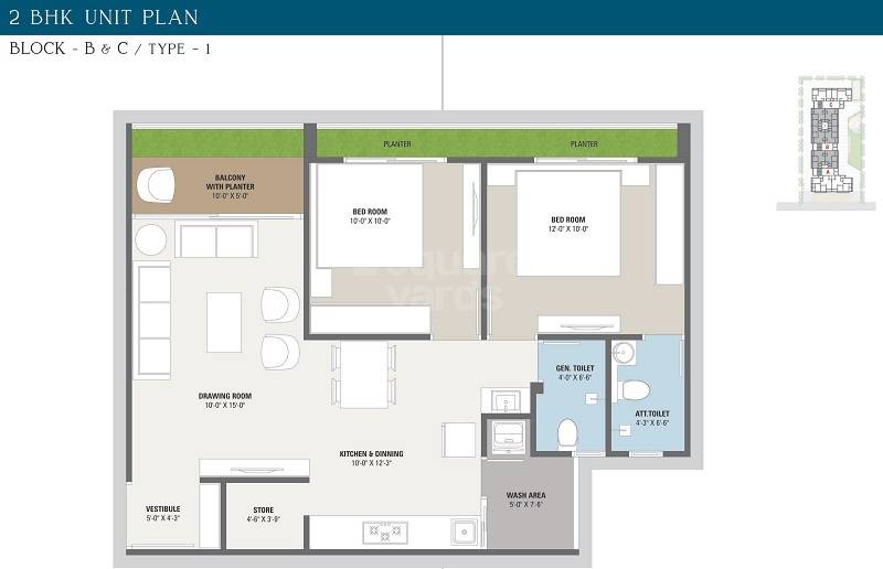 Floor plan of 2 BHK 622 Sq. Ft. Apartment in Satyagrah The Atlantis Wave, Ahmedabad