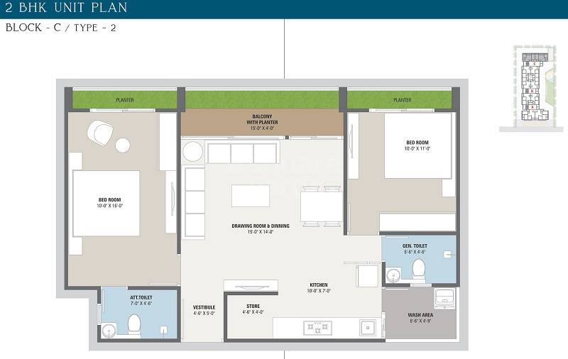 Floor plan of 2 BHK 664 Sq. Ft. Apartment in Satyagrah The Atlantis Wave, Ahmedabad