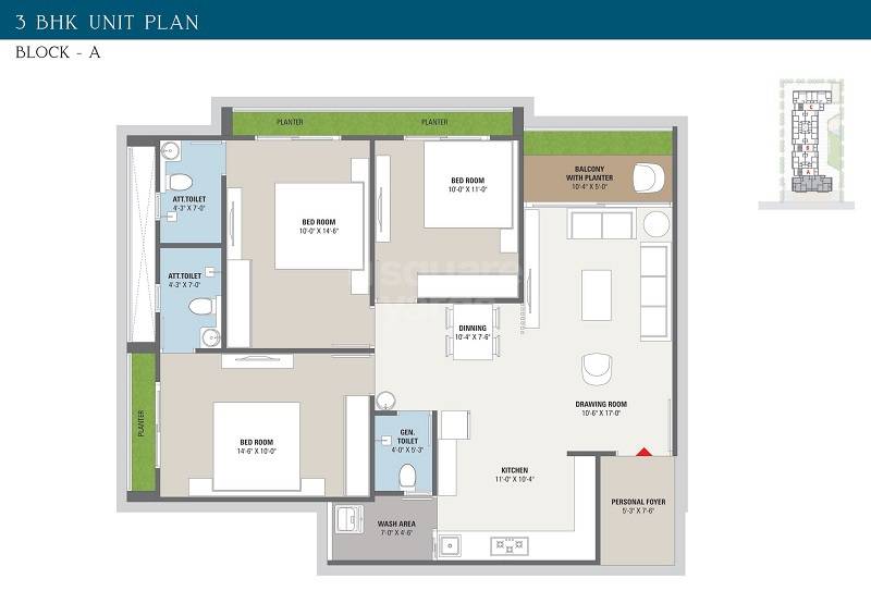 Floor plan of 3 BHK 871 Sq. Ft. Apartment in Satyagrah The Atlantis Wave, Ahmedabad