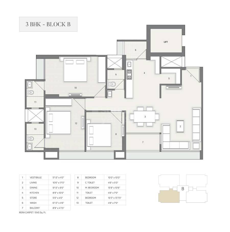 Floor plan of 3 BHK 1045 Sq. Ft. Apartment in Satyam Skyline, Ahmedabad