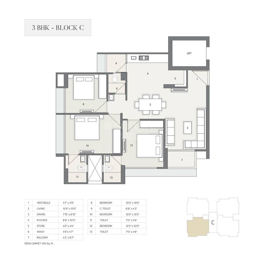 Floor plan of 3 BHK 915 Sq. Ft. Apartment in Satyam Skyline, Ahmedabad