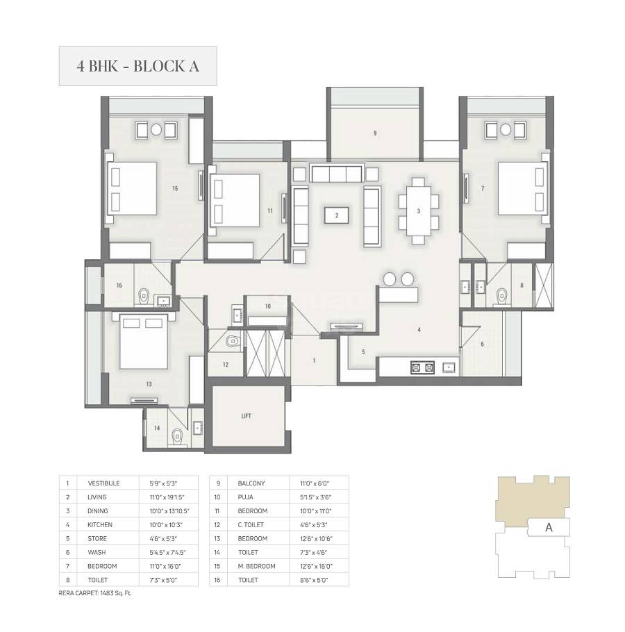 Floor plan of 4 BHK 1483 Sq. Ft. Apartment in Satyam Skyline, Ahmedabad
