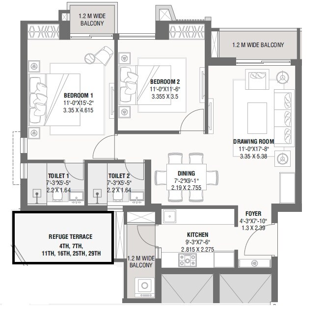 Floor plan of 2 BHK 1550 Sq. Ft. Apartment in Savvy Marina, Ahmedabad