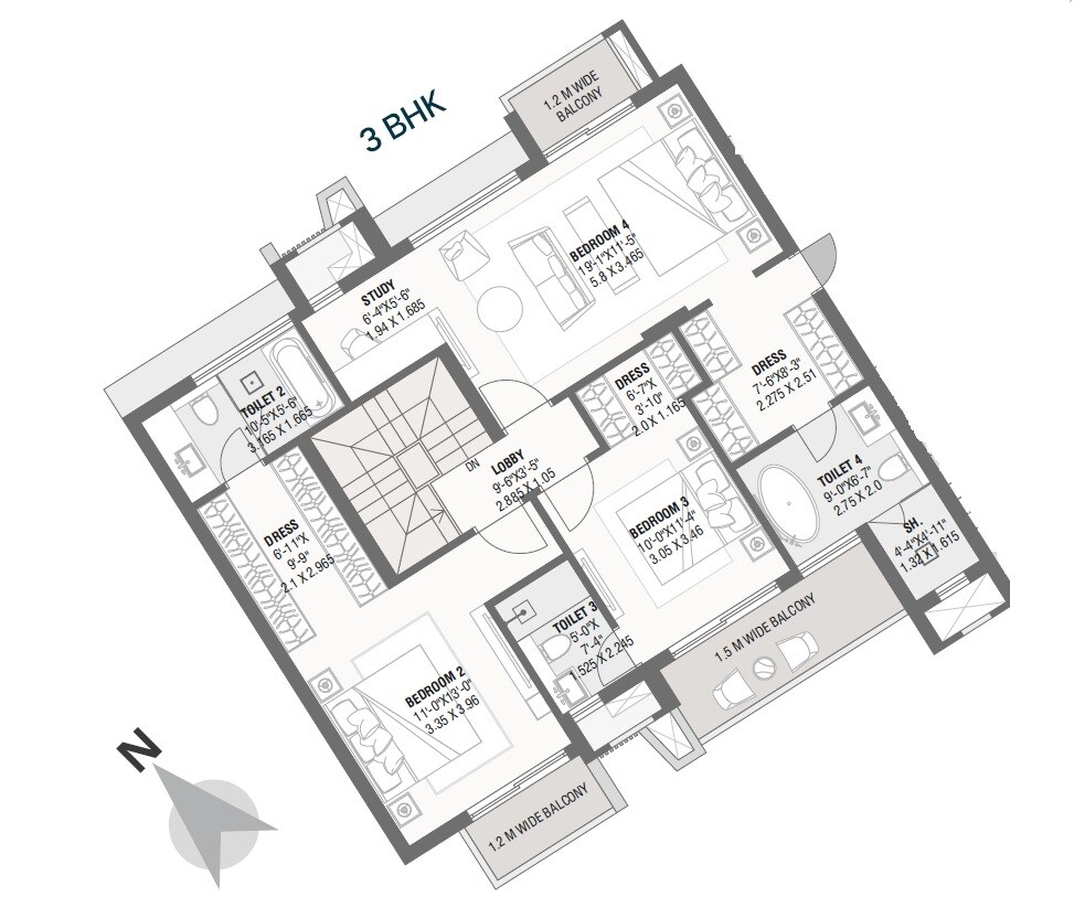 Floor plan of 3 BHK 2030 Sq. Ft. Apartment in Savvy Marina, Ahmedabad