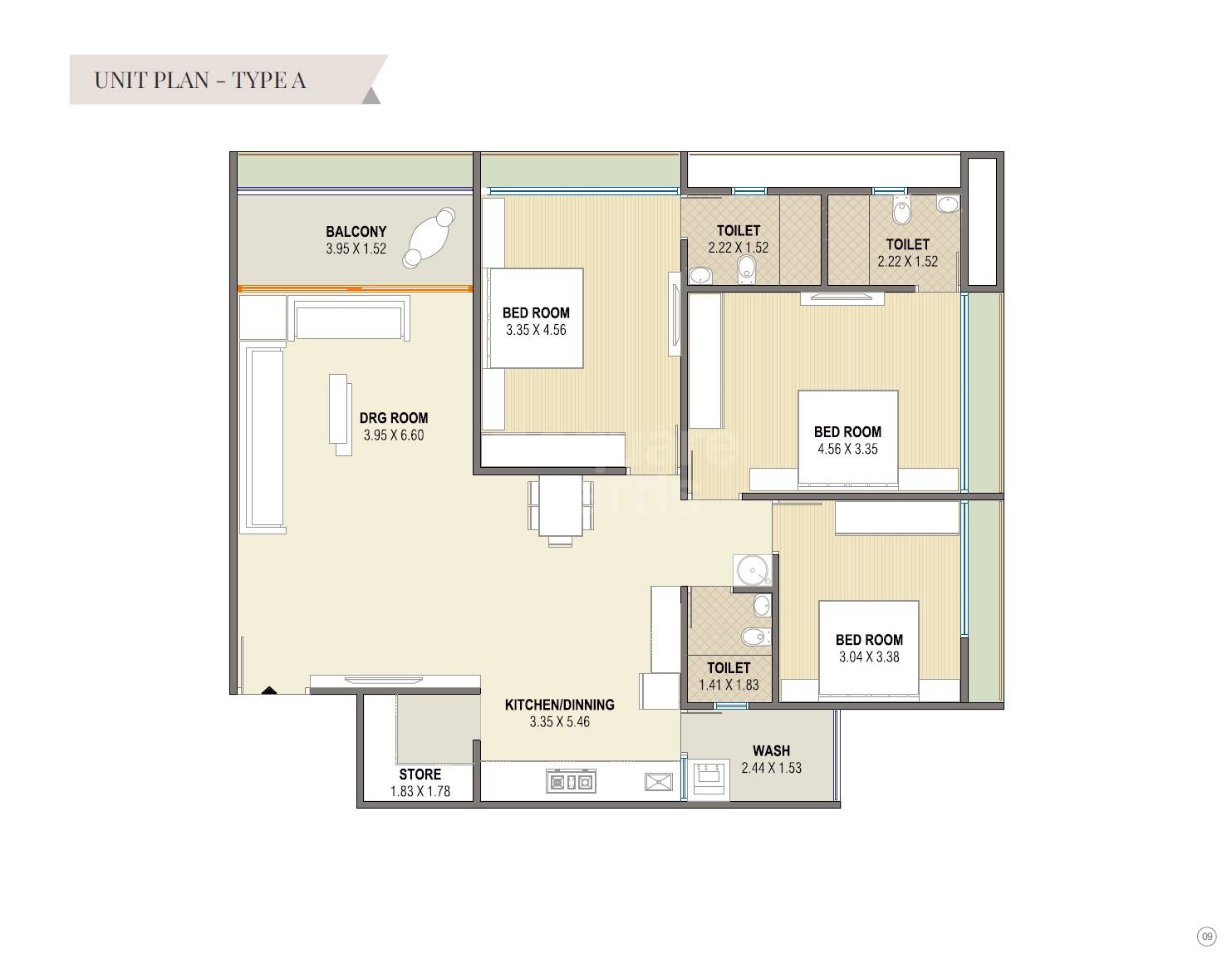 Floor plan of 3 BHK 1133 Sq. Ft. Apartment in Sawera Grand Imperia, Ahmedabad