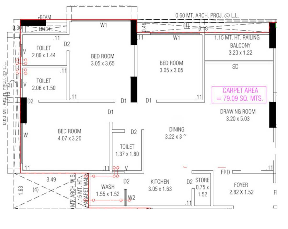 Floor plan of 3 BHK 851 Sq. Ft. Apartment in SB Crestoria, Ahmedabad