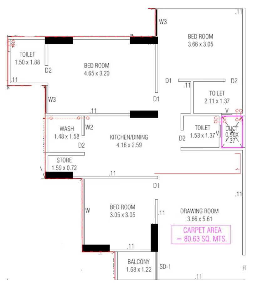 Floor plan of 3 BHK 869 Sq. Ft. Apartment in SB Crestoria, Ahmedabad