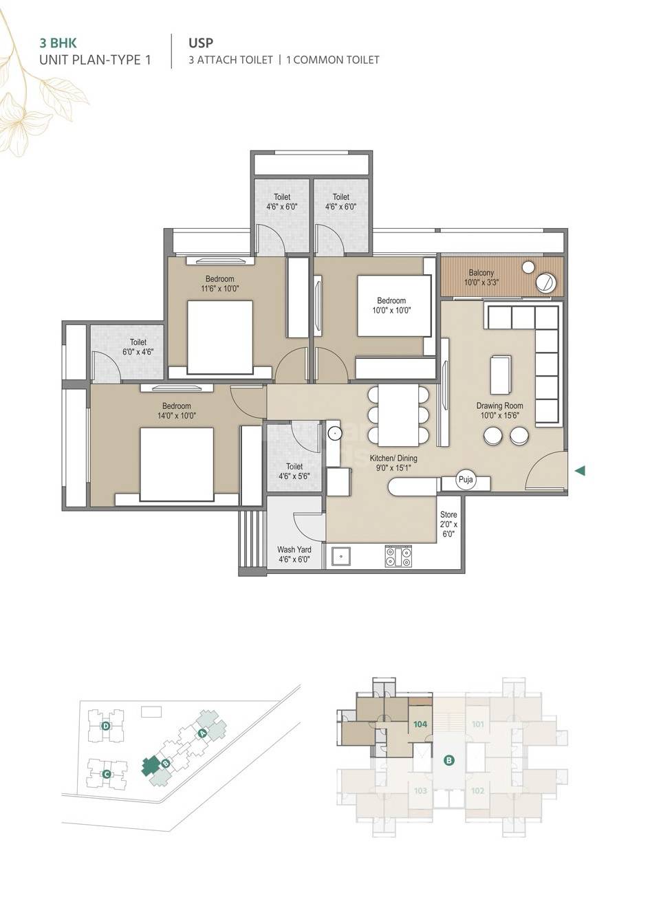 Floor plan of 3 BHK 813 Sq. Ft. Apartment in Scarlet Springs, Ahmedabad