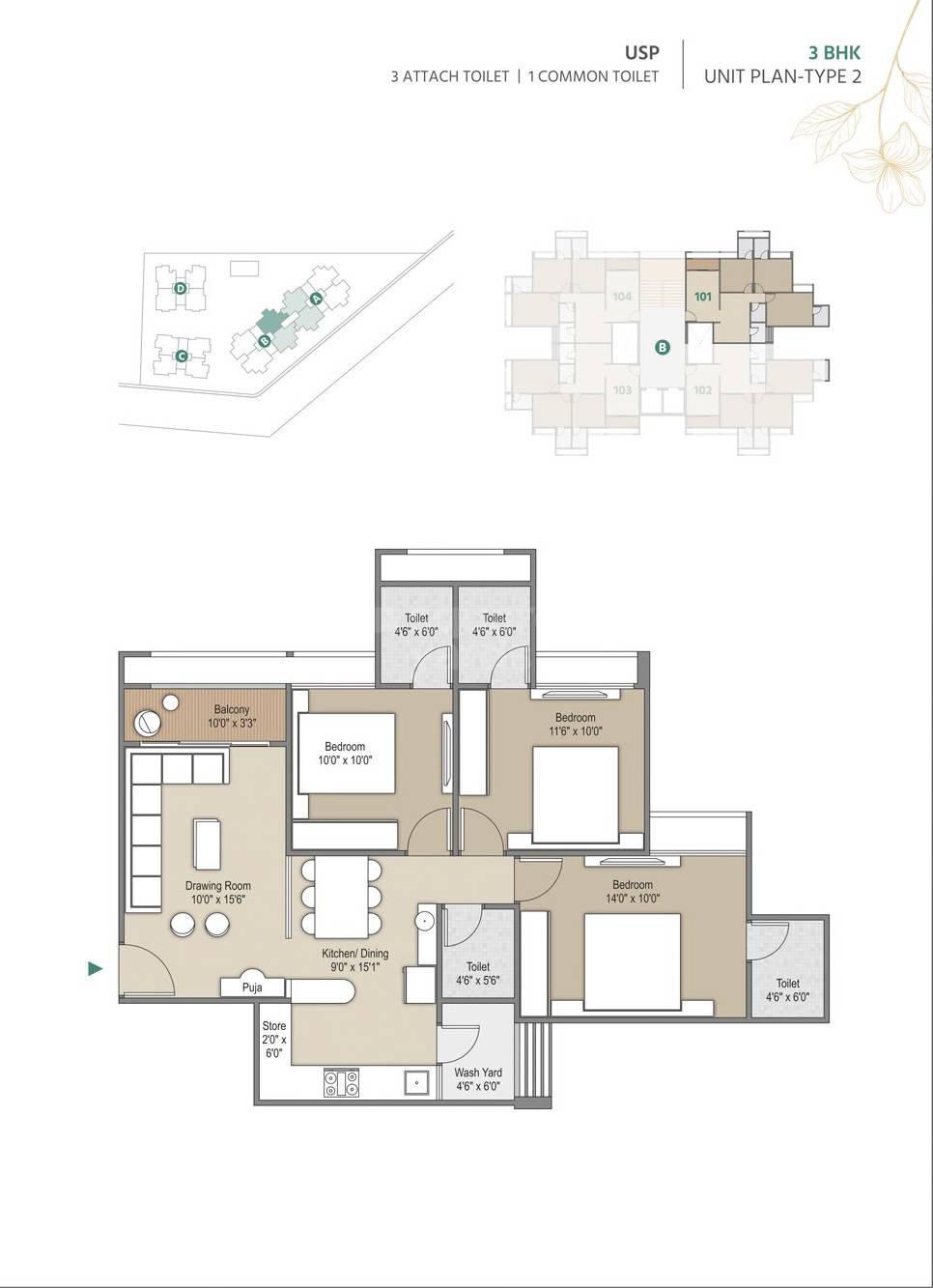 Floor plan of 3 BHK 815 Sq. Ft. Apartment in Scarlet Springs, Ahmedabad
