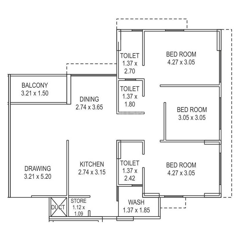 Floor plan of 3 BHK 1005 Sq. Ft. Apartment in Setu Indraprasth Marigold, Ahmedabad