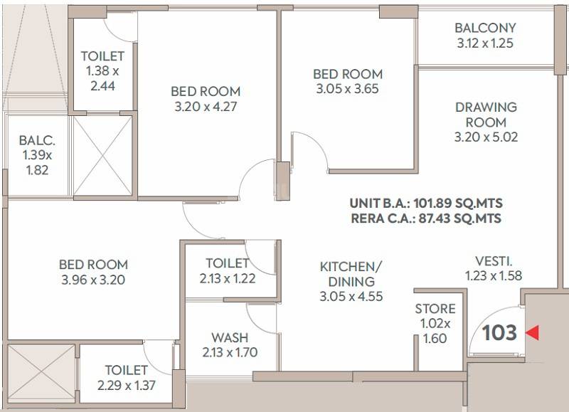 Floor plan of 3 BHK 941 Sq. Ft. Apartment in Setu The Orchard, Ahmedabad