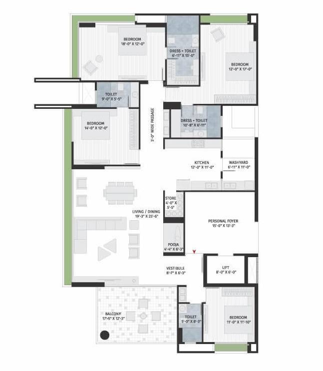 Floor plan of 4 BHK 1932 Sq. Ft. Apartment in Seventh Stark Torre, Ahmedabad