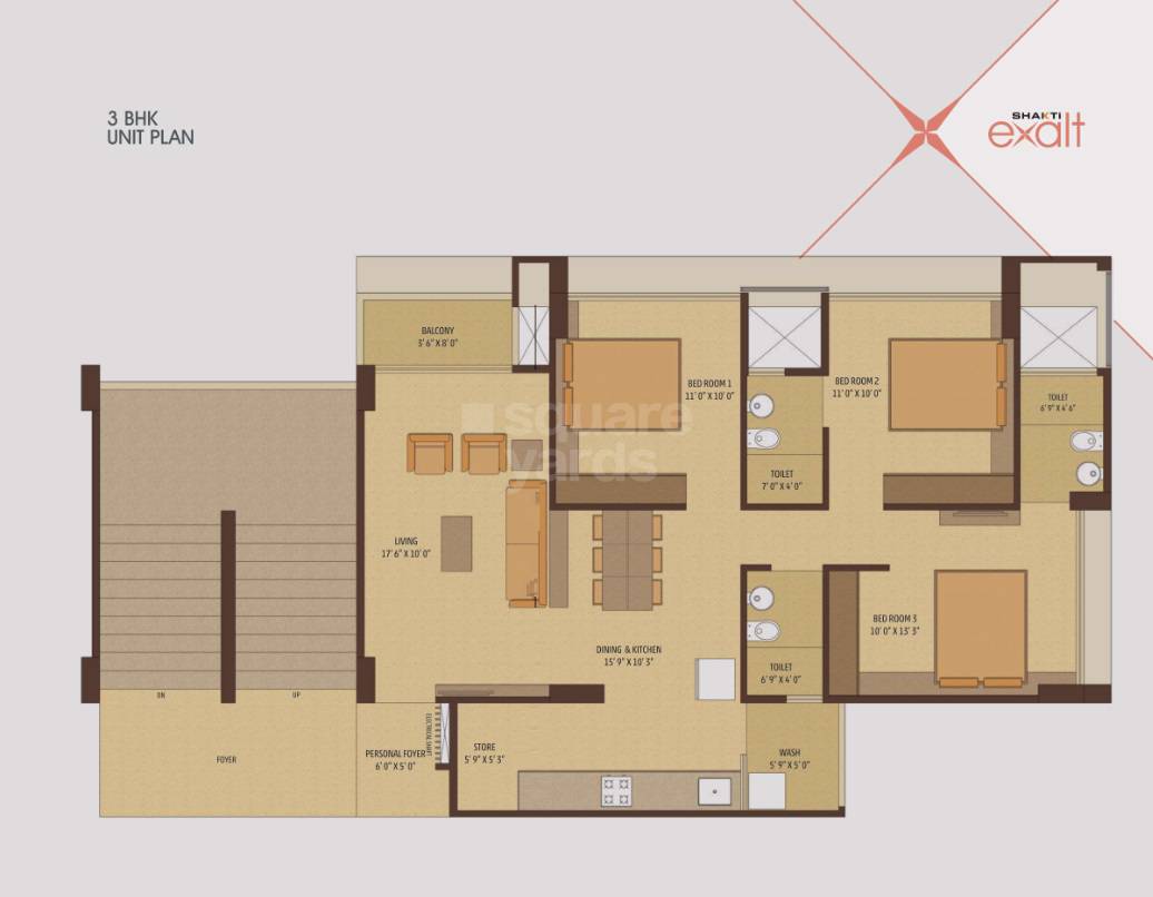 Floor plan of 3 BHK 968 Sq. Ft. Apartment in Shakti Exalt, Ahmedabad