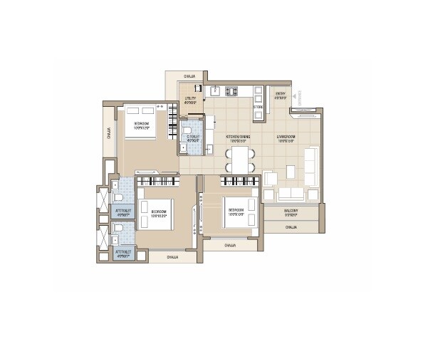 Floor plan of 2 BHK 1185 Sq. Ft. Apartment in Shaligram Prime, Ahmedabad