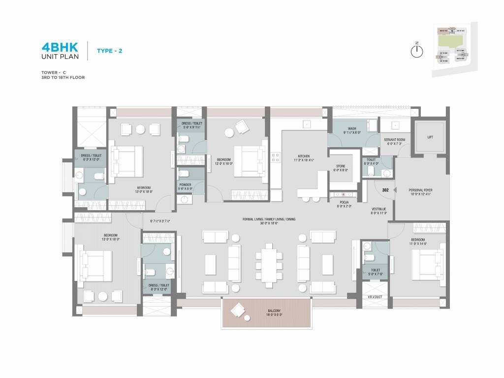 Floor plan of 4 BHK 1713 Sq. Ft. Apartment in Shaligram Sky Ahmedabad, Ahmedabad
