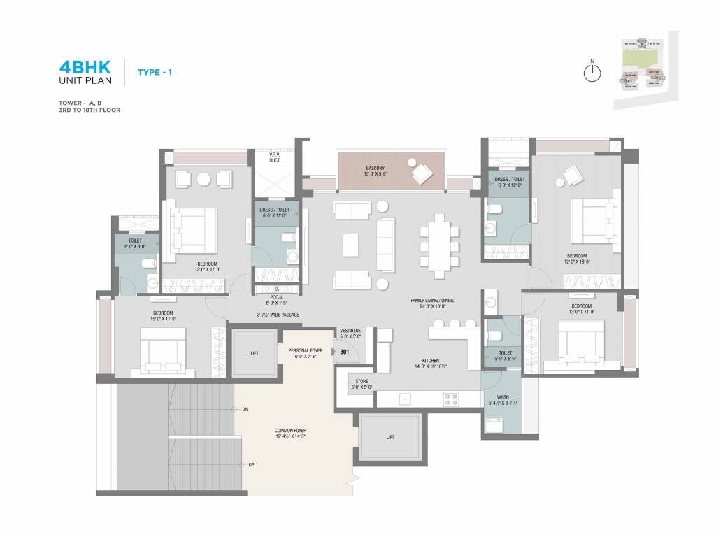 Floor plan of 4 BHK 2270 Sq. Ft. Apartment in Shaligram Sky Ahmedabad, Ahmedabad