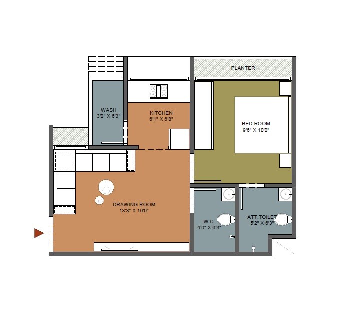 Floor plan of 1 BHK 729 Sq. Ft. Apartment in Shankara Paramount, Ahmedabad