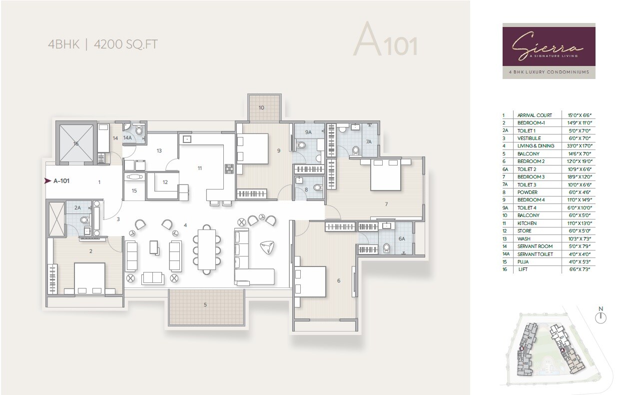 Floor plan of 4 BHK 4200 Sq. Ft. Apartment in Shannon Sierra, Ahmedabad