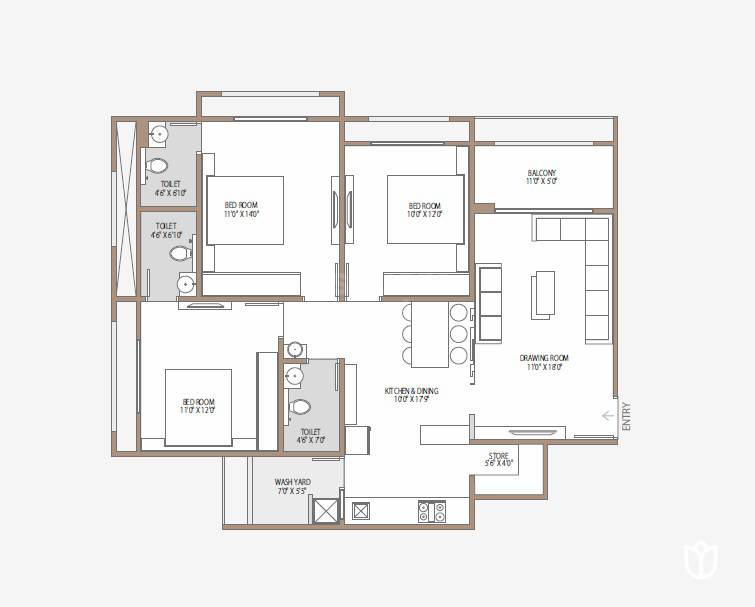Floor plan of 3 BHK 970 Sq. Ft. Apartment in Shantideep, Ahmedabad