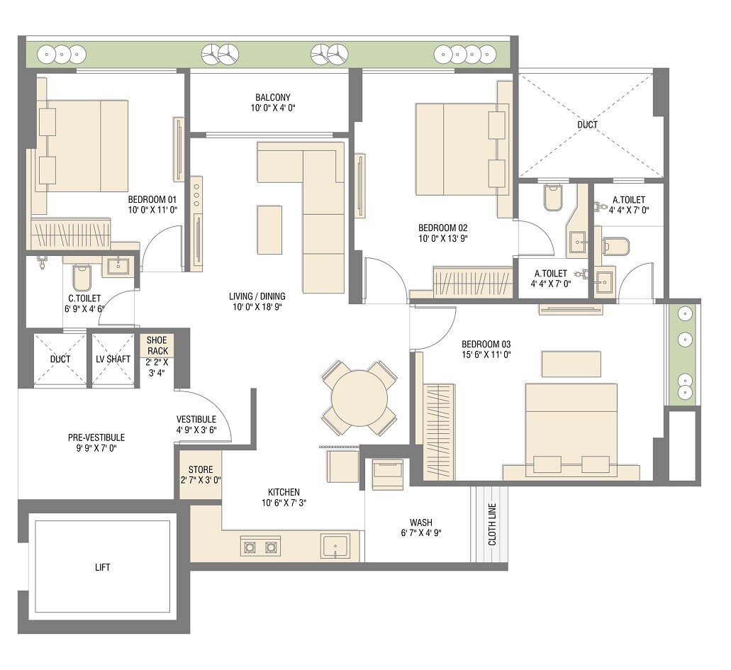 3 BHK 1760 Sq. Ft. Apartment