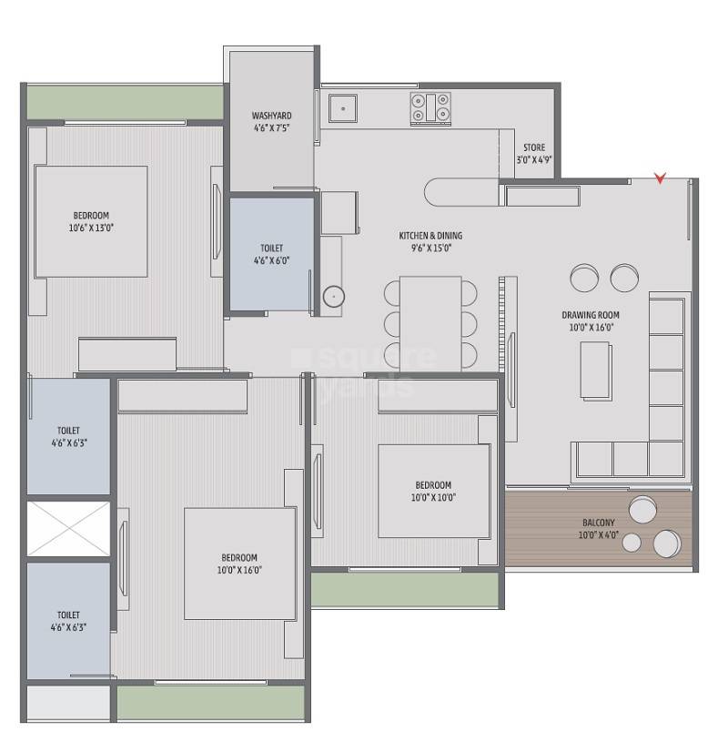 Floor plan of 3 BHK 1760 Sq. Ft. Apartment in Sharda The Ripples, Ahmedabad