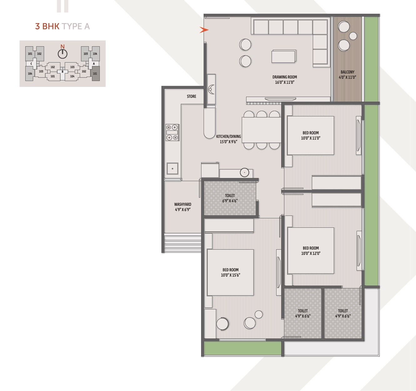 Floor plan of 3 BHK 853 Sq. Ft. Apartment in Sharva Artiz Arcelia, Ahmedabad