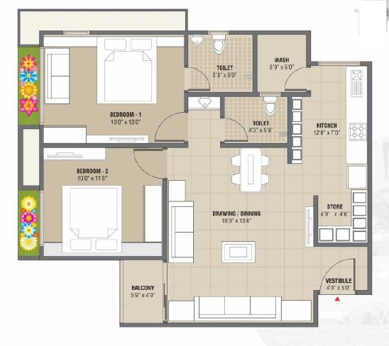 Floor plan of 2 BHK 1215 Sq. Ft. Apartment in Shayona Shikhar, Ahmedabad