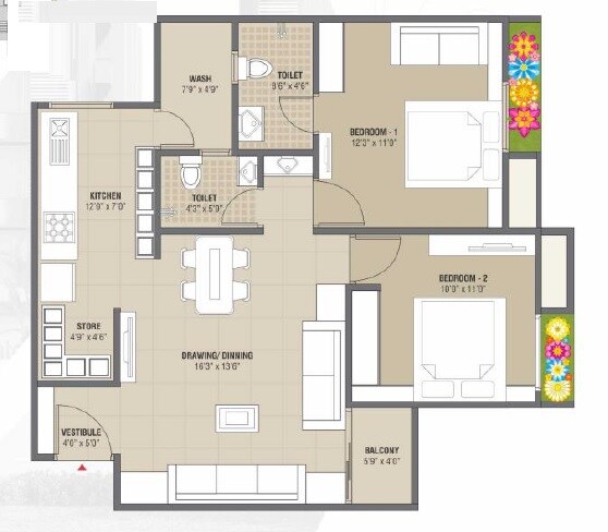 Floor plan of 2 BHK 1260 Sq. Ft. Apartment in Shayona Shikhar, Ahmedabad