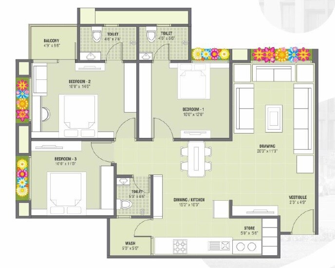 Floor plan of 3 BHK 1710 Sq. Ft. Apartment in Shayona Shikhar, Ahmedabad