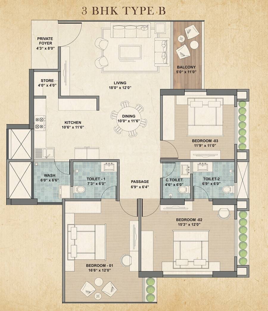 Floor plan of 3 BHK 2350 Sq. Ft. Apartment in Sheetal Dharohar, Ahmedabad