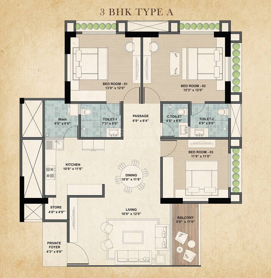 Floor plan of 3 BHK 2440 Sq. Ft. Apartment in Sheetal Dharohar, Ahmedabad