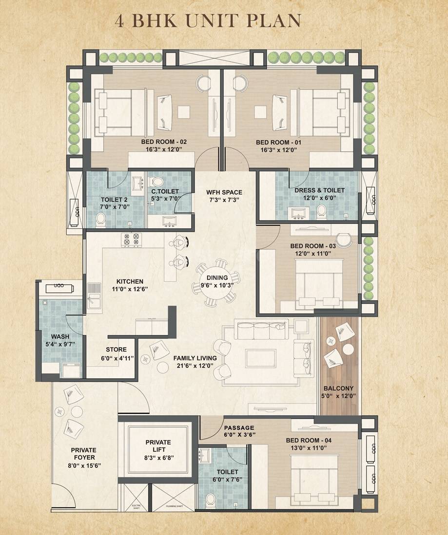 Floor plan of 4 BHK 3250 Sq. Ft. Apartment in Sheetal Dharohar, Ahmedabad
