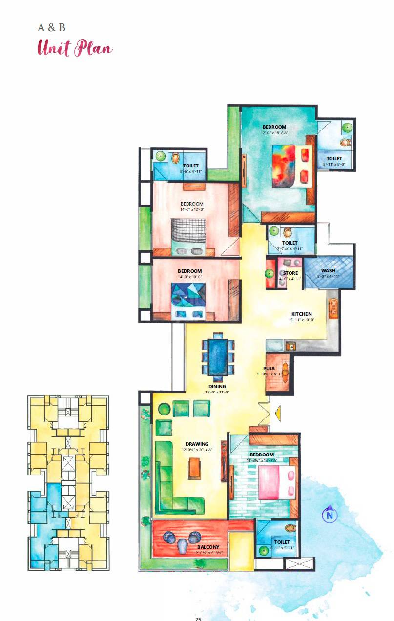 Floor plan of 4 BHK 1692 Sq. Ft. Apartment in Sheladia Prarabdh Residency, Ahmedabad