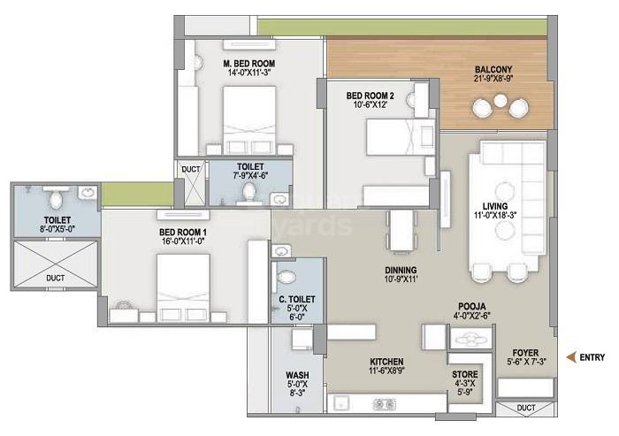 Floor plan of 3 BHK 2529 Sq. Ft. Apartment in Shikhar Aadhya Arambh, Ahmedabad
