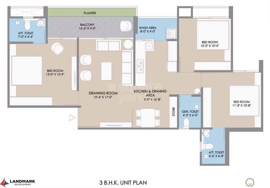 Floor plan of 3 BHK 833 Sq. Ft. Apartment in Shikhar Landmark, Ahmedabad