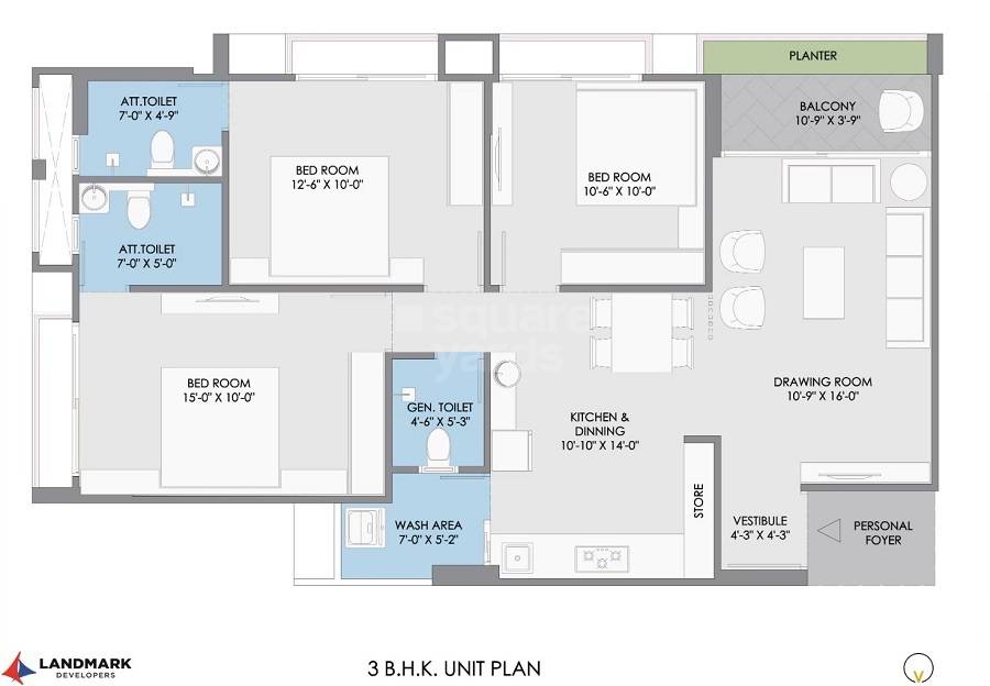 Floor plan of 3 BHK 864 Sq. Ft. Apartment in Shikhar Landmark, Ahmedabad