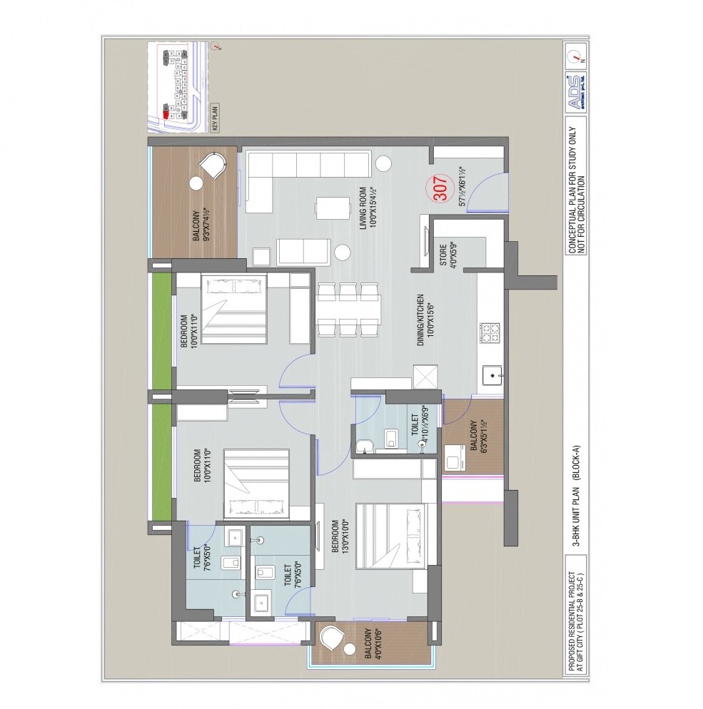 Floor plan of 3 BHK 1510 Sq. Ft. Apartment in Shilp North Sky, Ahmedabad