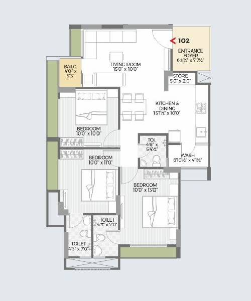 Floor plan of 3 BHK 1510 Sq. Ft. Apartment in Shilp Revanta, Ahmedabad