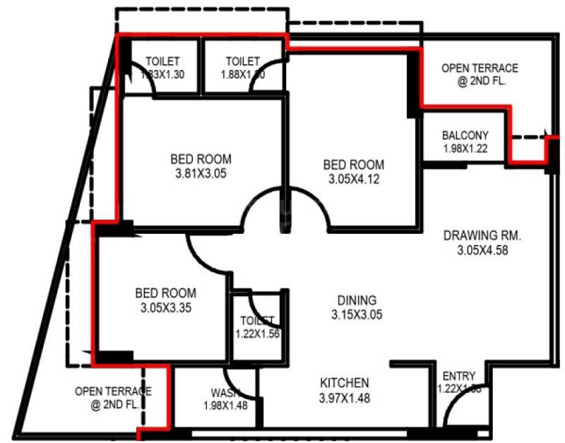 Floor plan of 3 BHK 786 Sq. Ft. Apartment in Shiv Nivasa, Ahmedabad