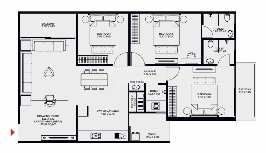 Floor plan of 3 BHK 904 Sq. Ft. Apartment in Shiv Swagatam Elenza, Ahmedabad